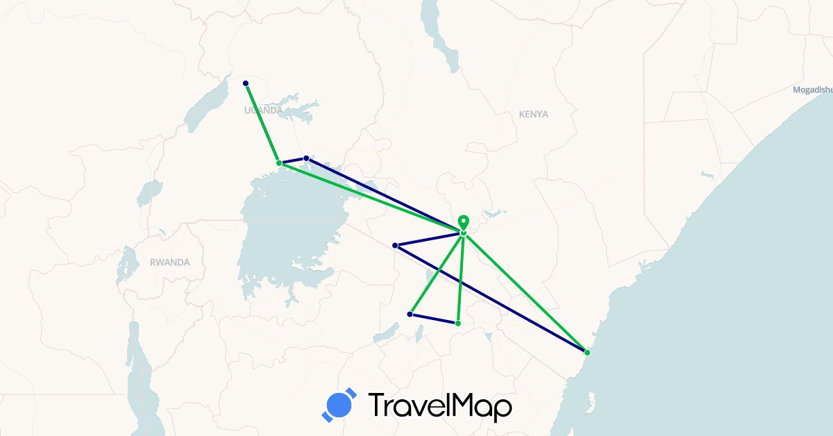 TravelMap itinerary: driving, bus, plane in Kenya, Tanzania, Uganda (Africa)